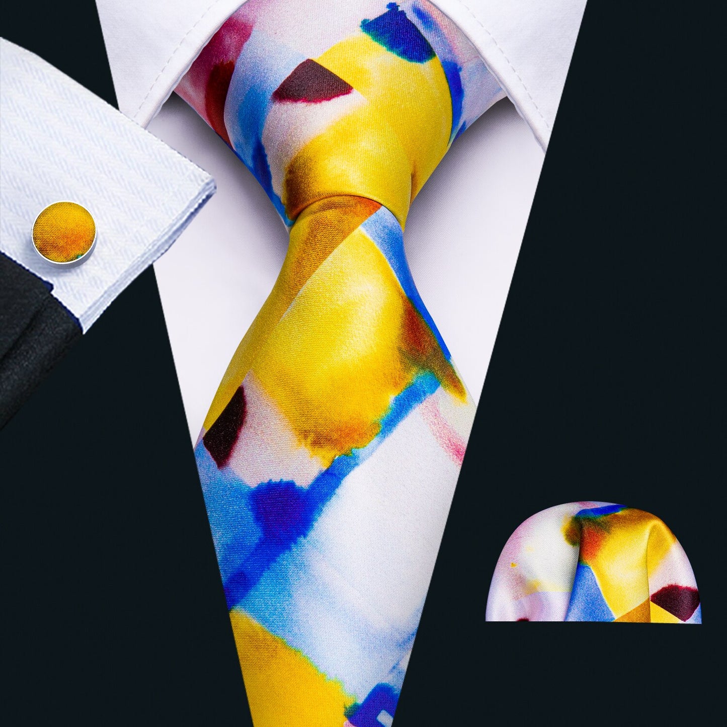 Men Silk Necktie Handkerchief with Gold Accents and Cufflinks Set