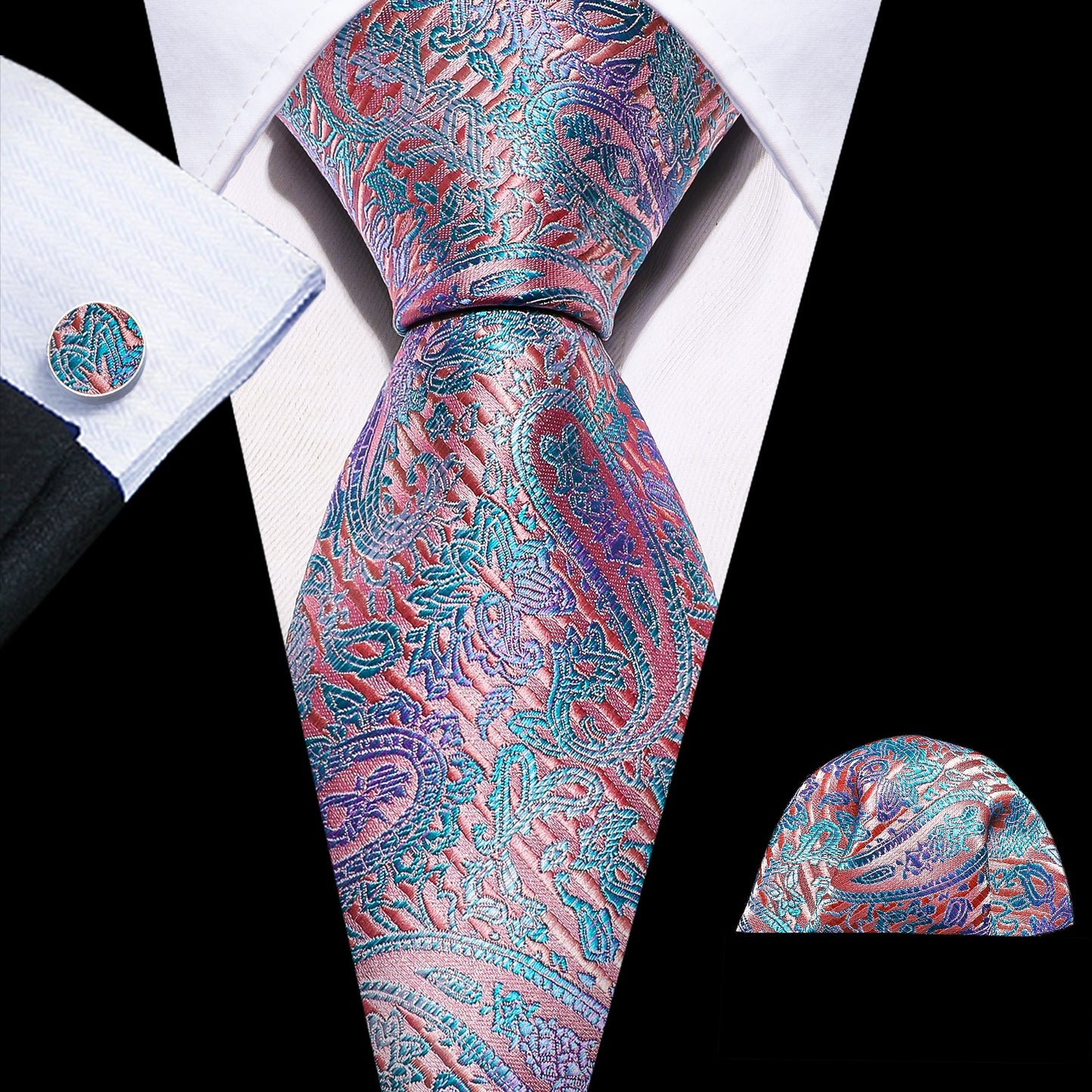 Men Silk Necktie Handkerchief with Gold Accents and Cufflinks Set