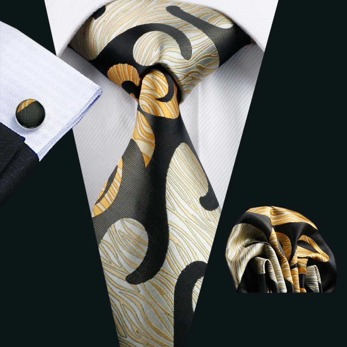 Men Silk Necktie Handkerchief with Gold Accents and Cufflinks Set