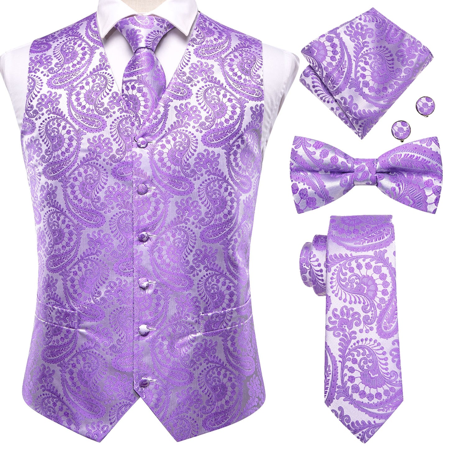 Men's Silk Vests-Tie Bowtie Hanky Cufflinks Set