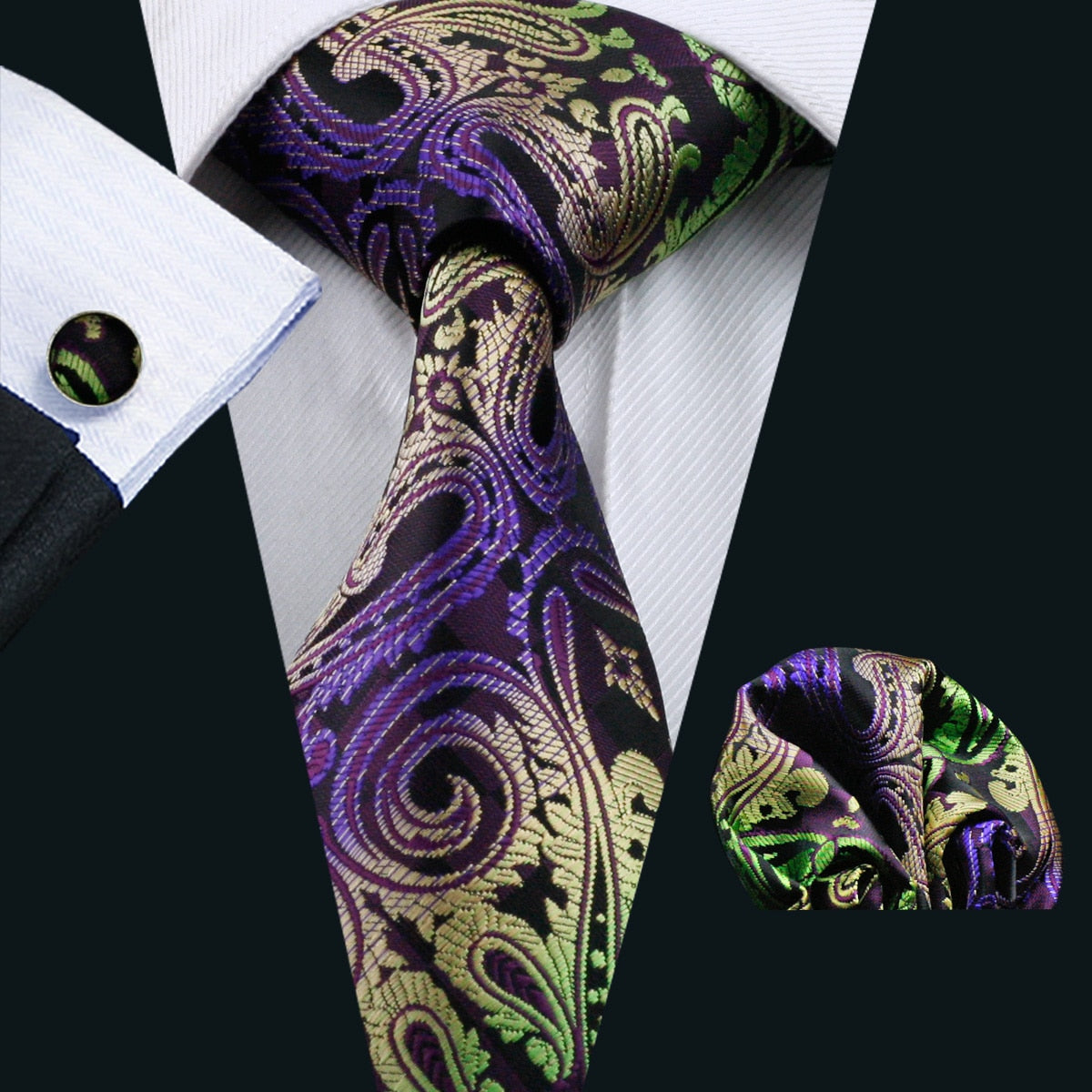 Men Silk Necktie Handkerchief with Gold Accents and Cufflinks Set