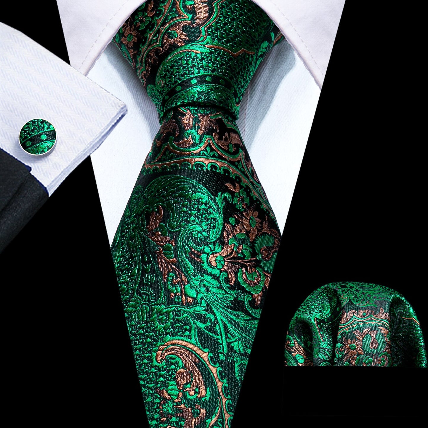 Men Silk Necktie Handkerchief with Gold Accents and Cufflinks Set