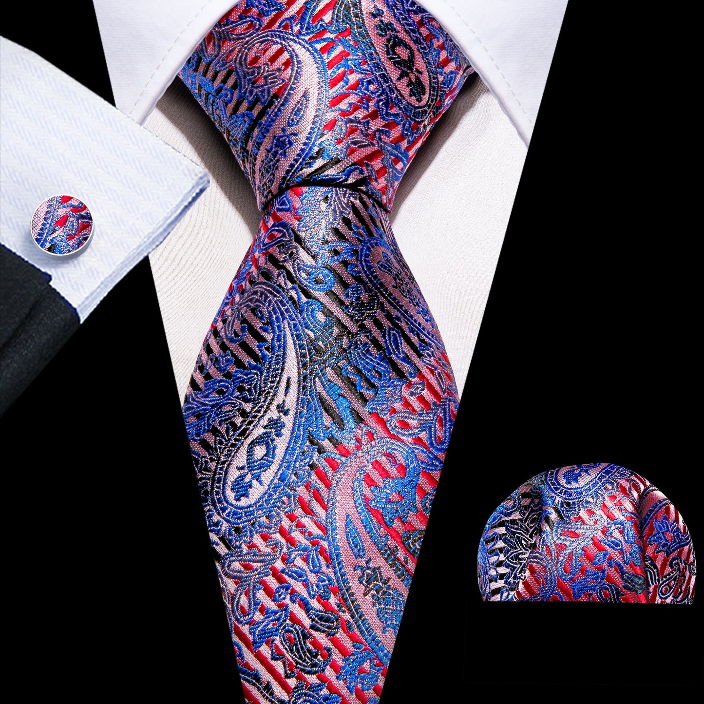 Men Silk Necktie Handkerchief with Gold Accents and Cufflinks Set