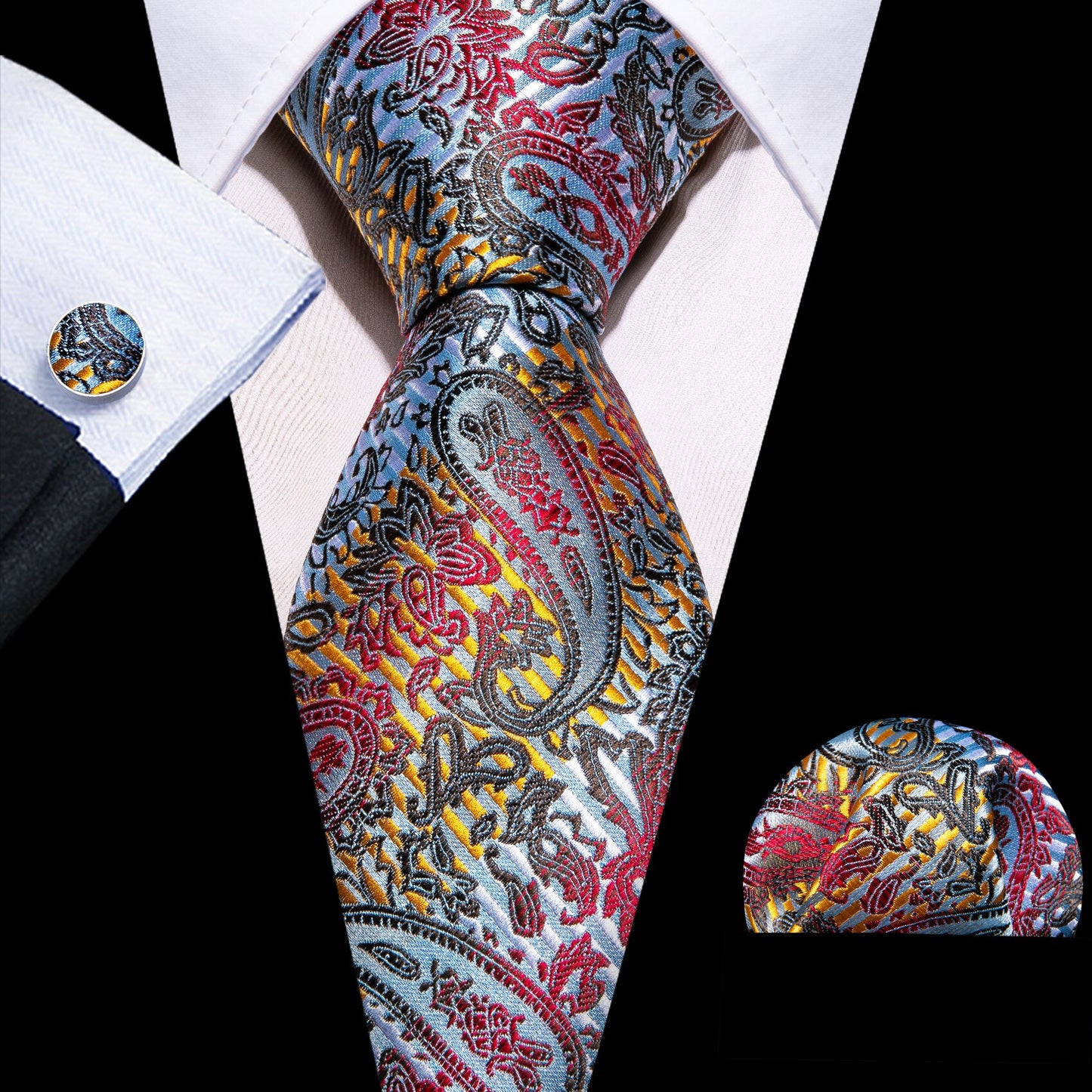 Men Silk Necktie Handkerchief with Gold Accents and Cufflinks Set