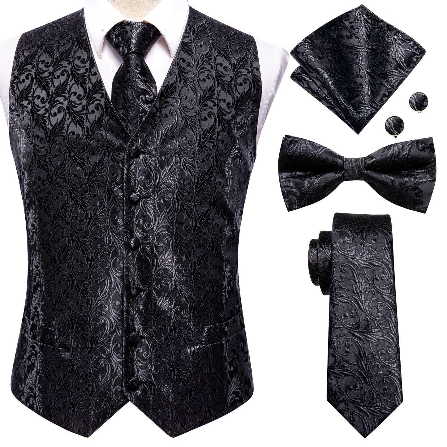 Men's Silk Vests-Tie Bowtie Hanky Cufflinks Set