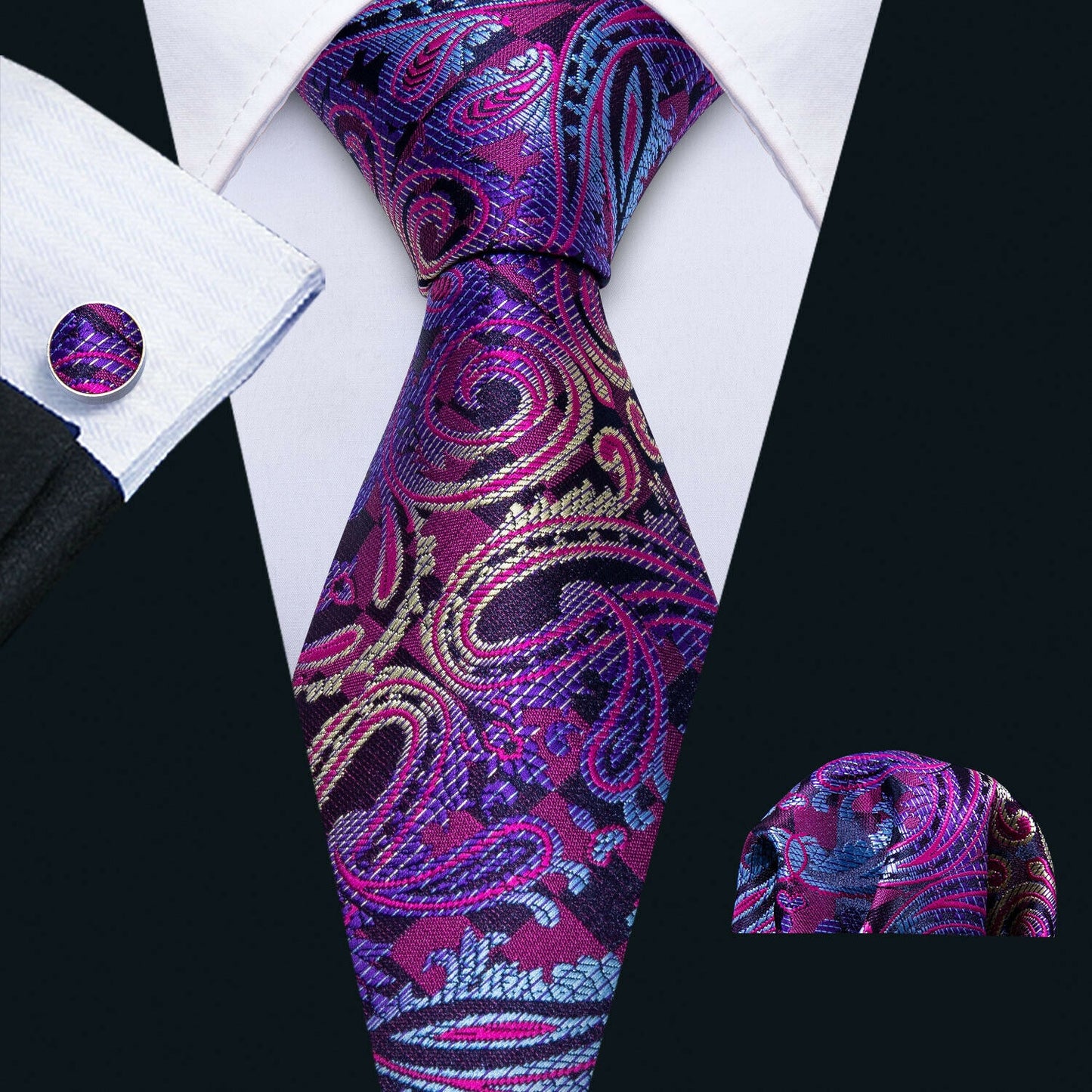 Men Silk Necktie Handkerchief with Gold Accents and Cufflinks Set