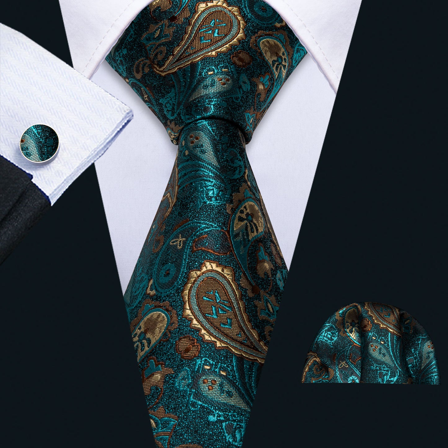 Men Silk Necktie Handkerchief with Gold Accents and Cufflinks Set