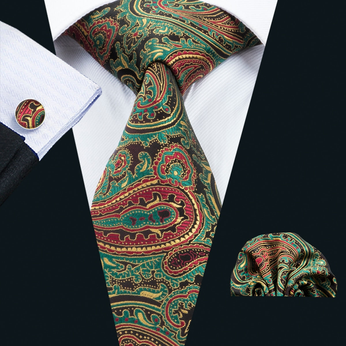 Men Silk Necktie Handkerchief with Gold Accents and Cufflinks Set