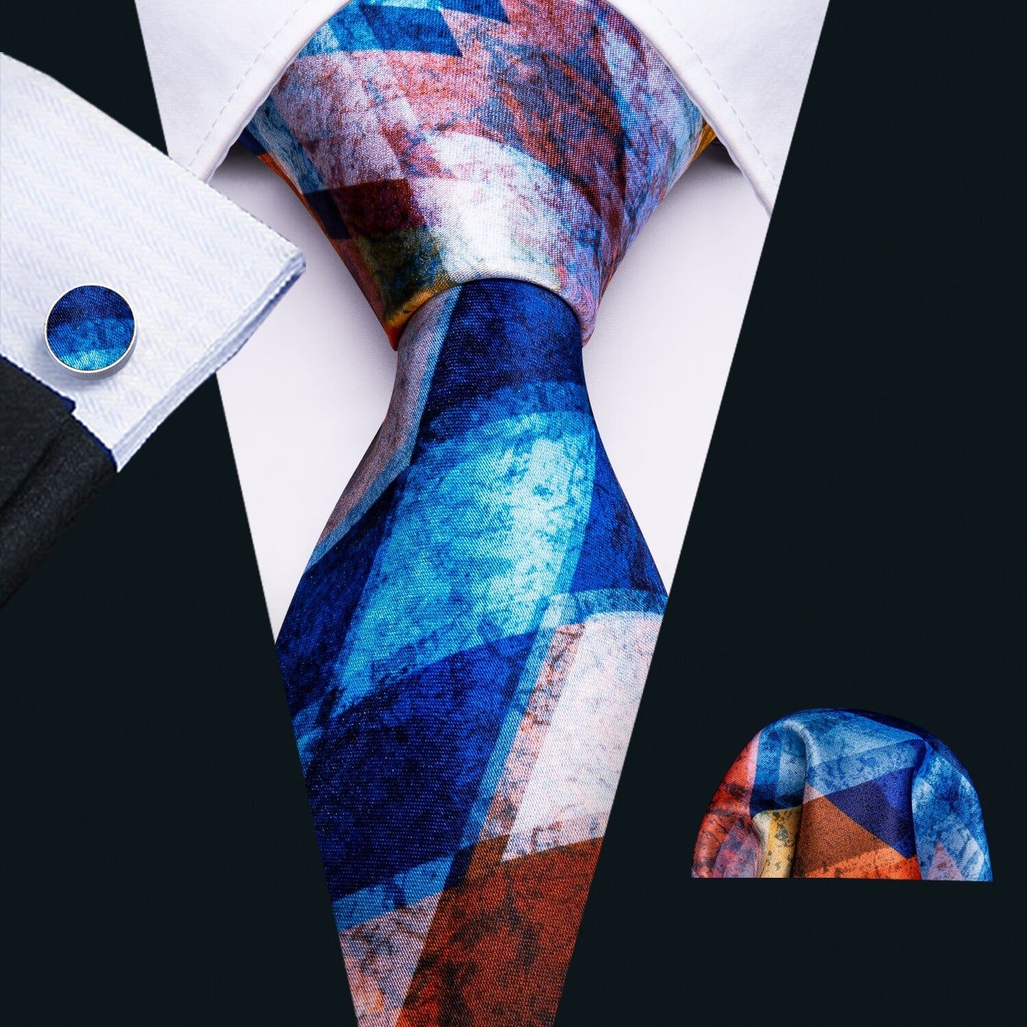 Men Silk Necktie Handkerchief with Gold Accents and Cufflinks Set