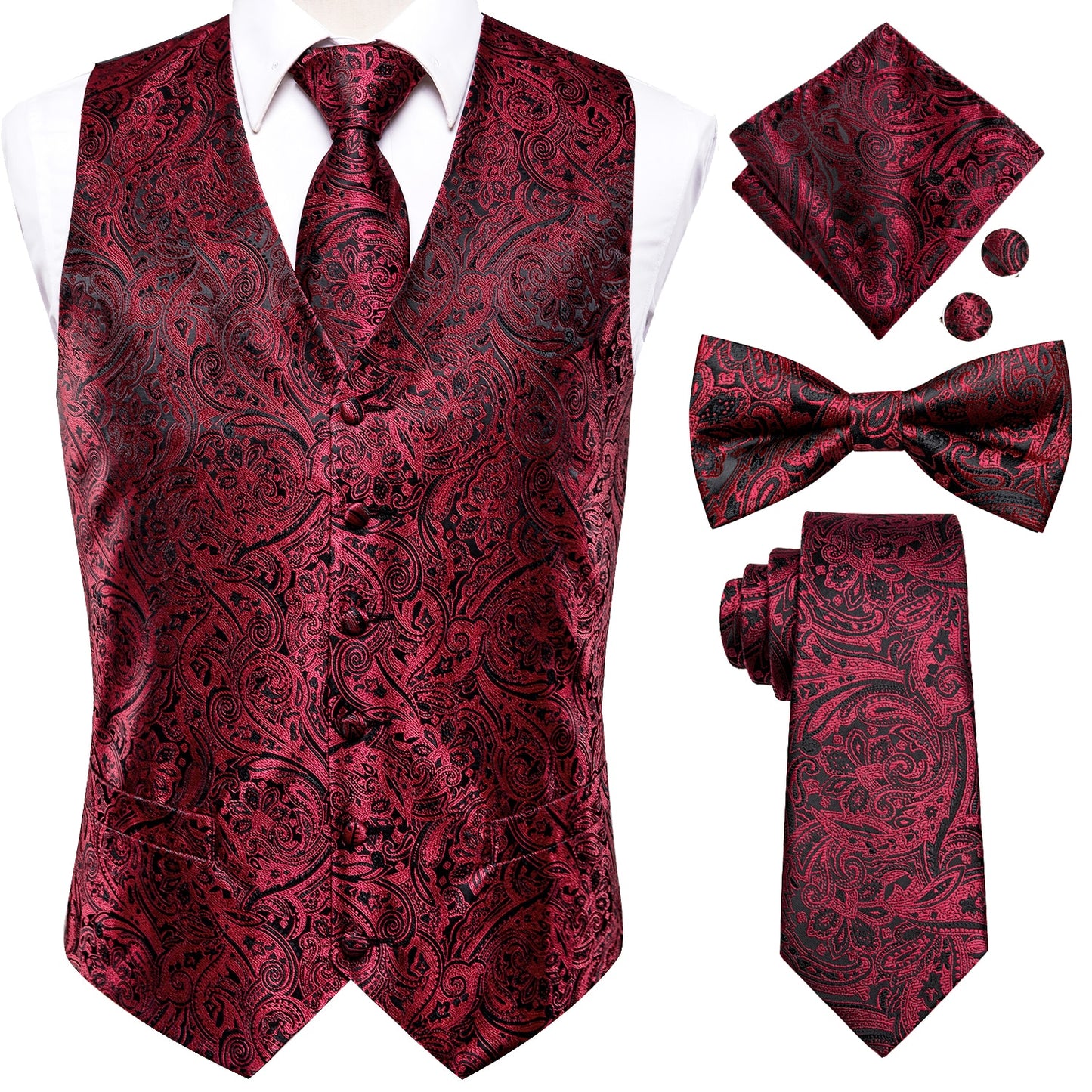 Men's Silk Vests-Tie Bowtie Hanky Cufflinks Set