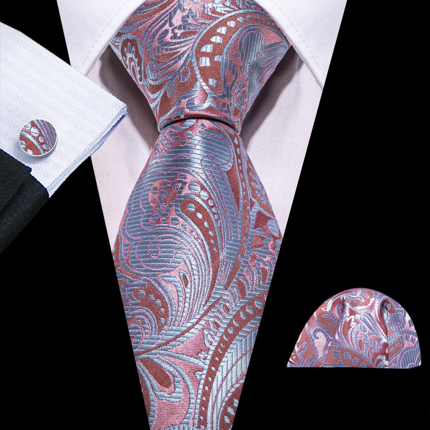 Men Silk Necktie Handkerchief with Gold Accents and Cufflinks Set