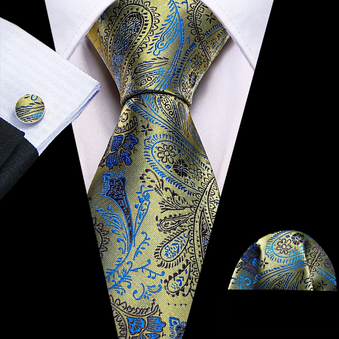 Men Silk Necktie Handkerchief with Gold Accents and Cufflinks Set