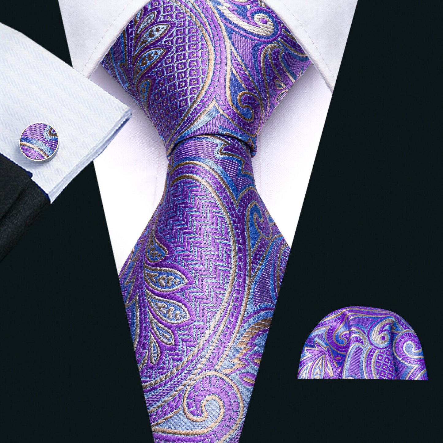 Men Silk Necktie Handkerchief with Gold Accents and Cufflinks Set