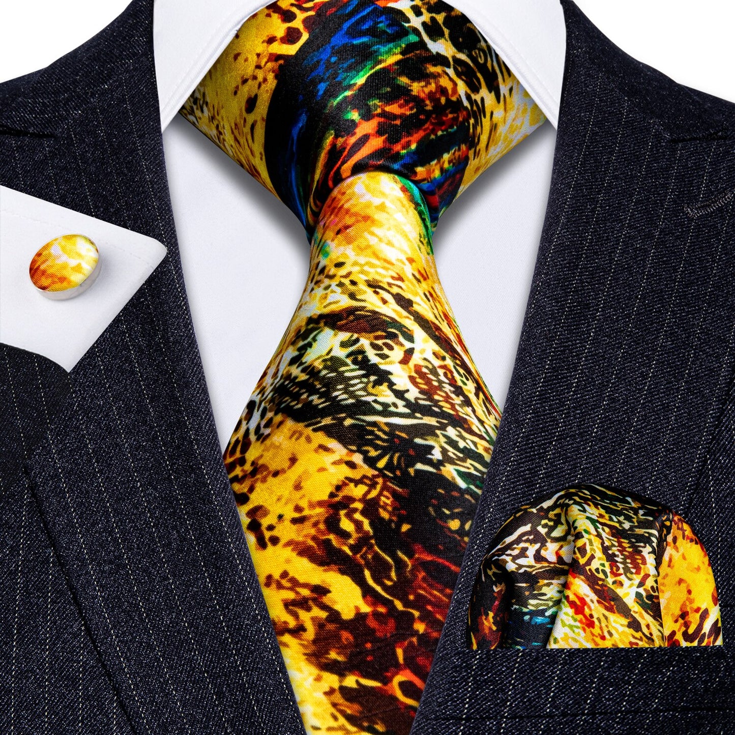 Men Silk Necktie Handkerchief with Gold Accents and Cufflinks Set