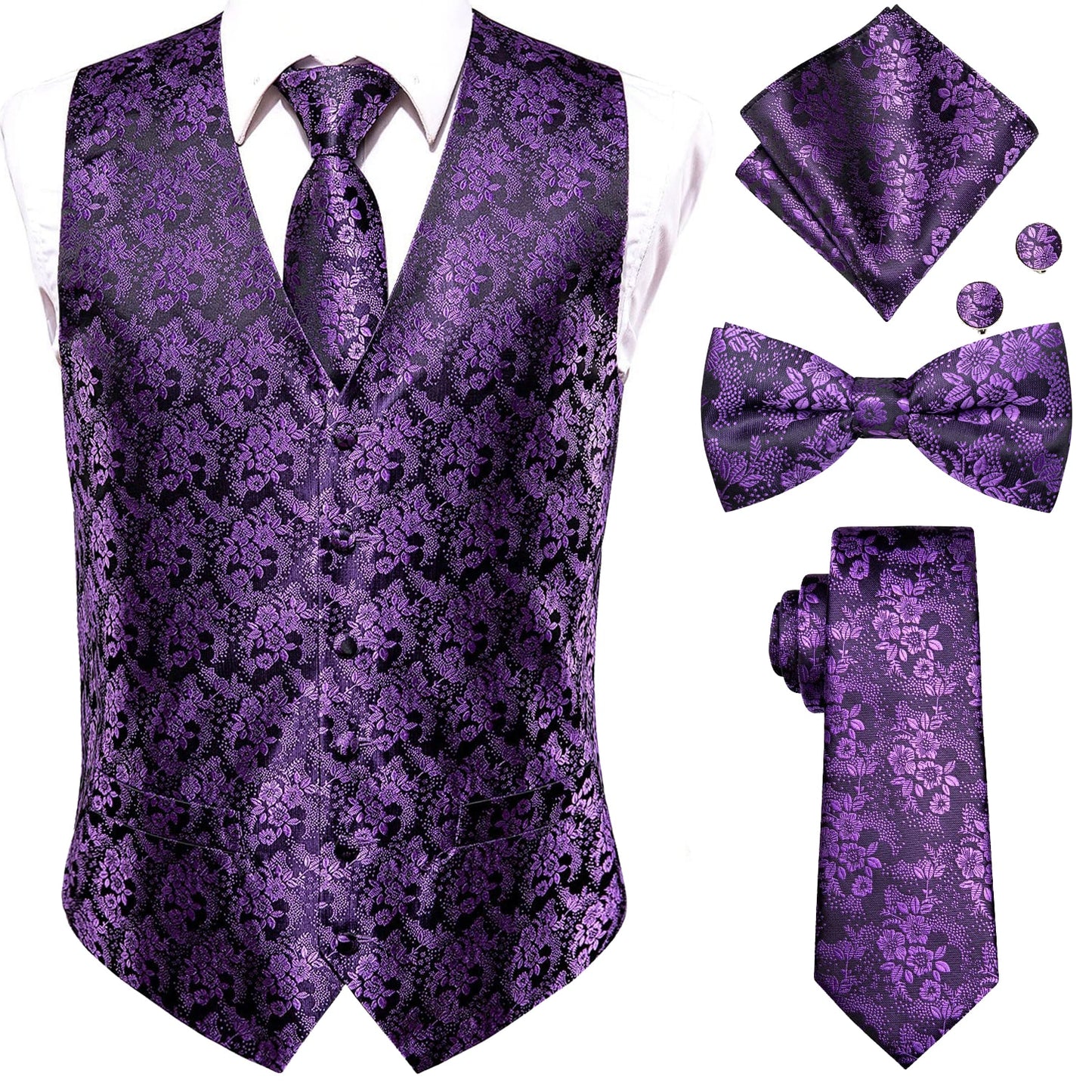 Men's Silk Vests-Tie Bowtie Hanky Cufflinks Set