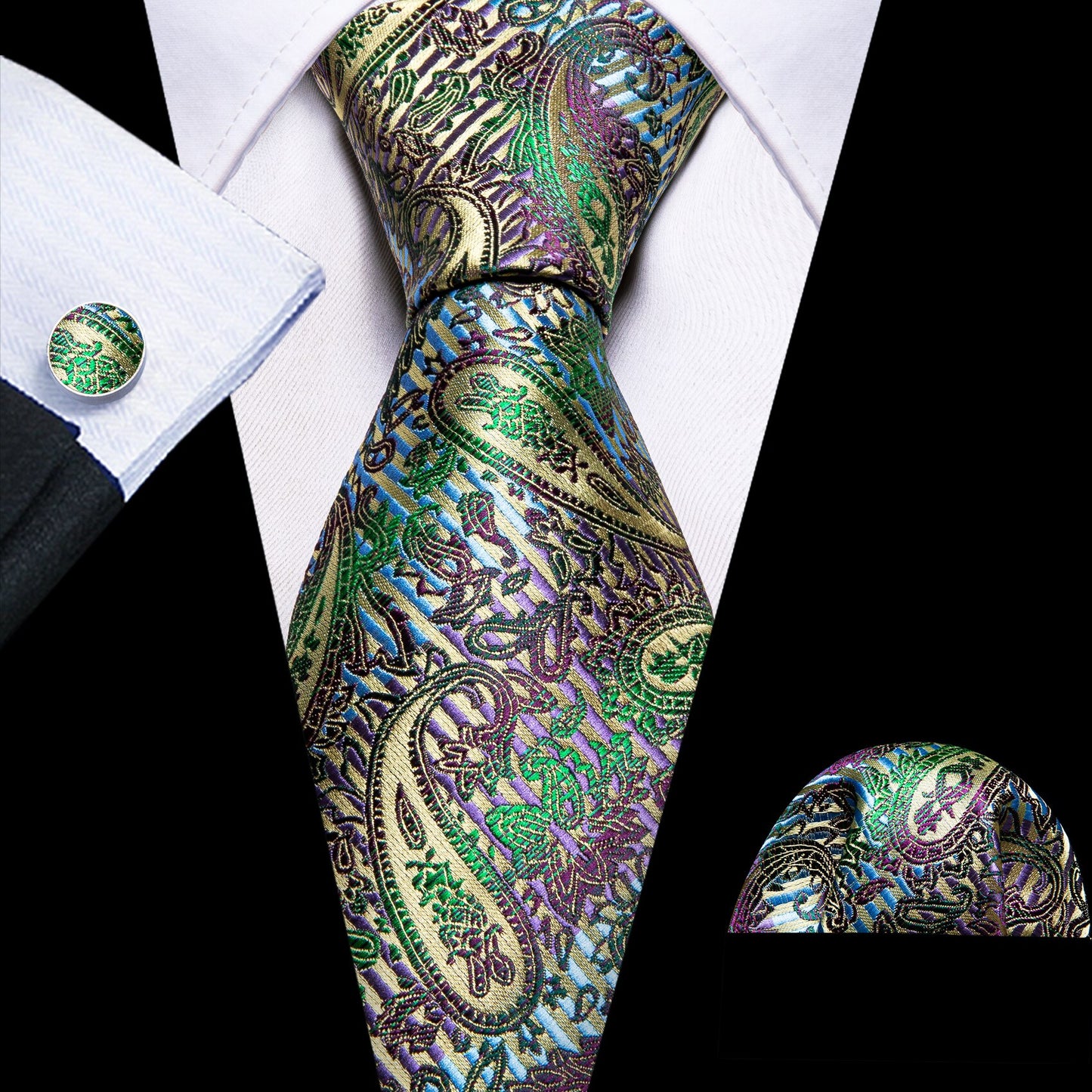 Men Silk Necktie Handkerchief with Gold Accents and Cufflinks Set