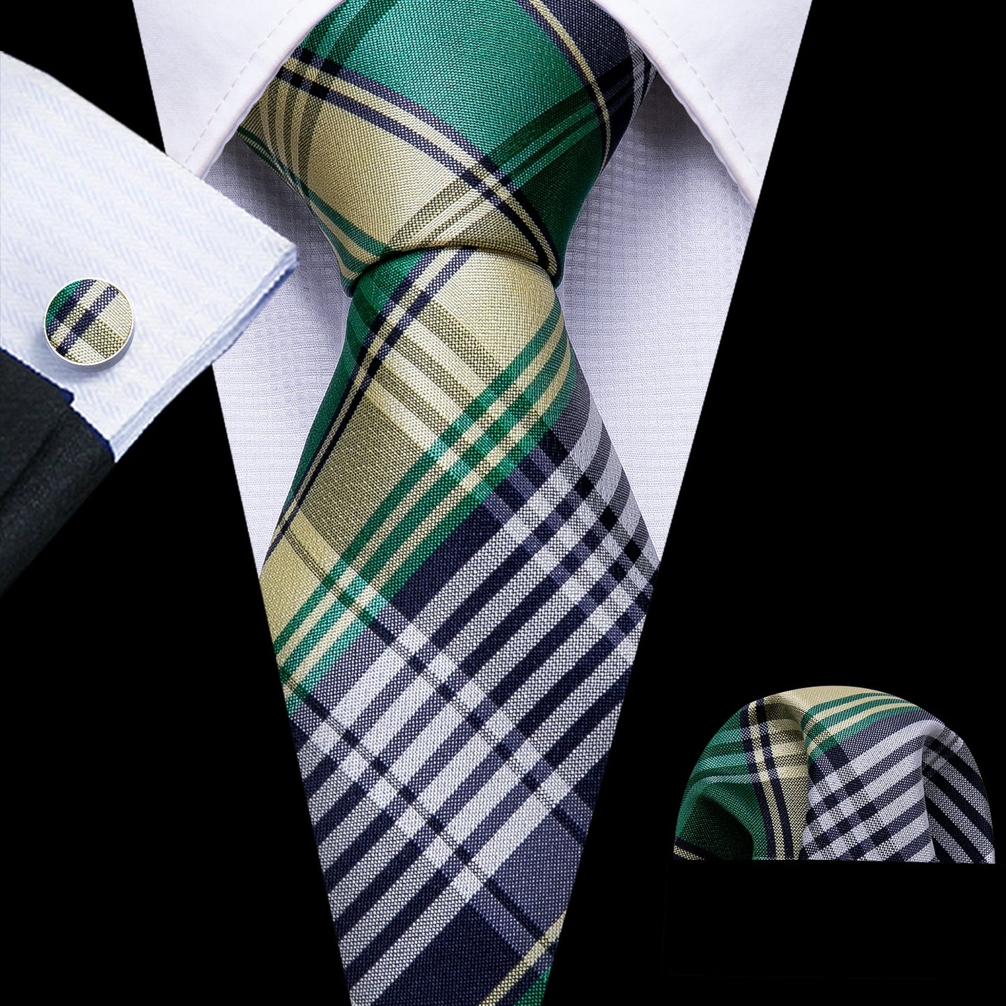 Men Silk Necktie Handkerchief with Gold Accents and Cufflinks Set