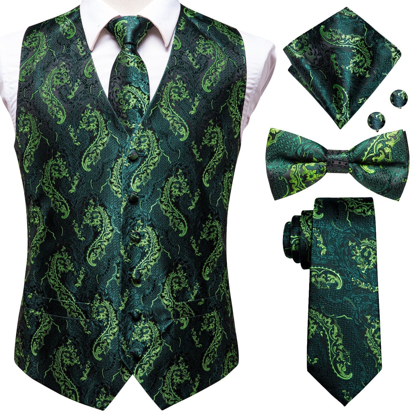 Men's Silk Vests-Tie Bowtie Hanky Cufflinks Set