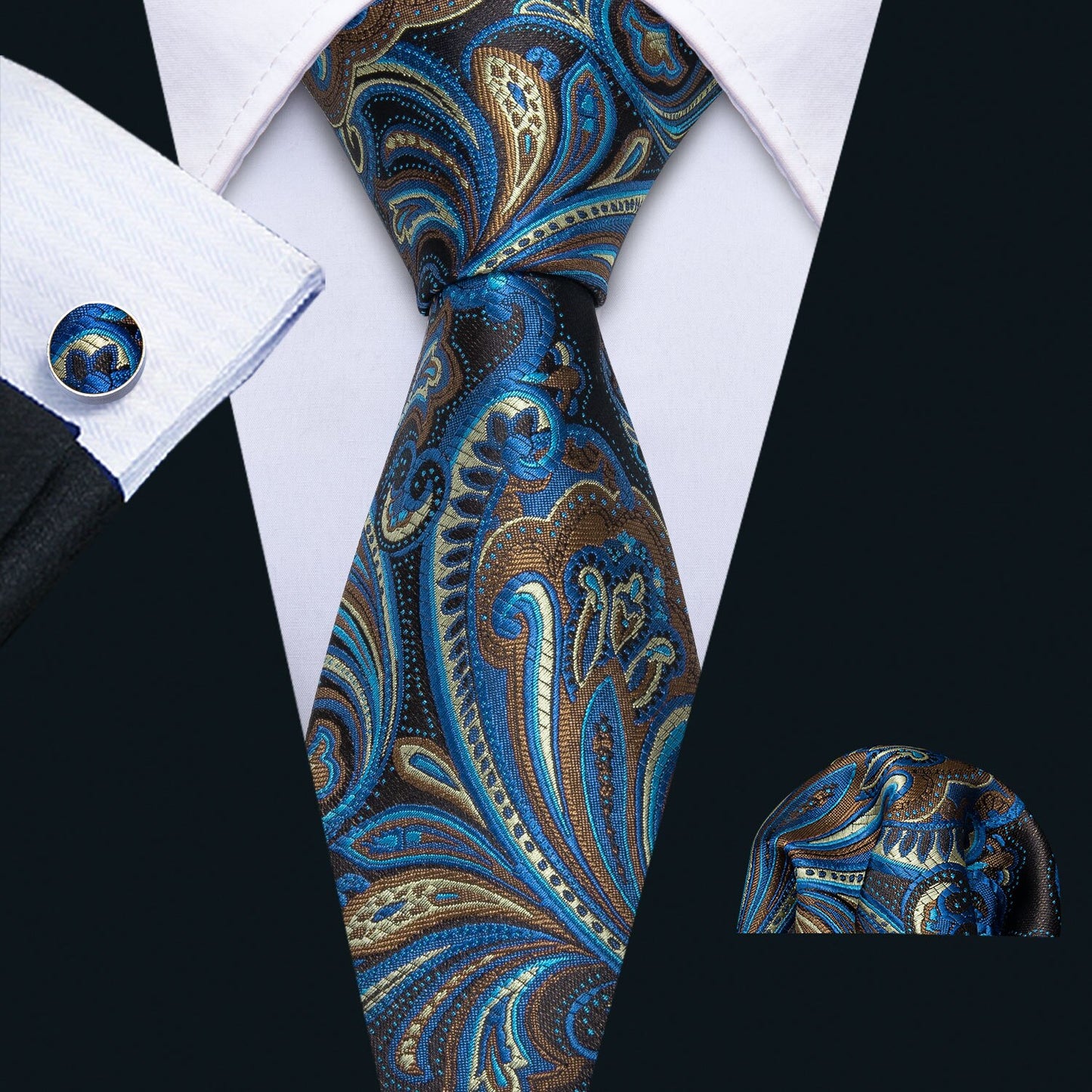 Men Silk Necktie Handkerchief with Gold Accents and Cufflinks Set