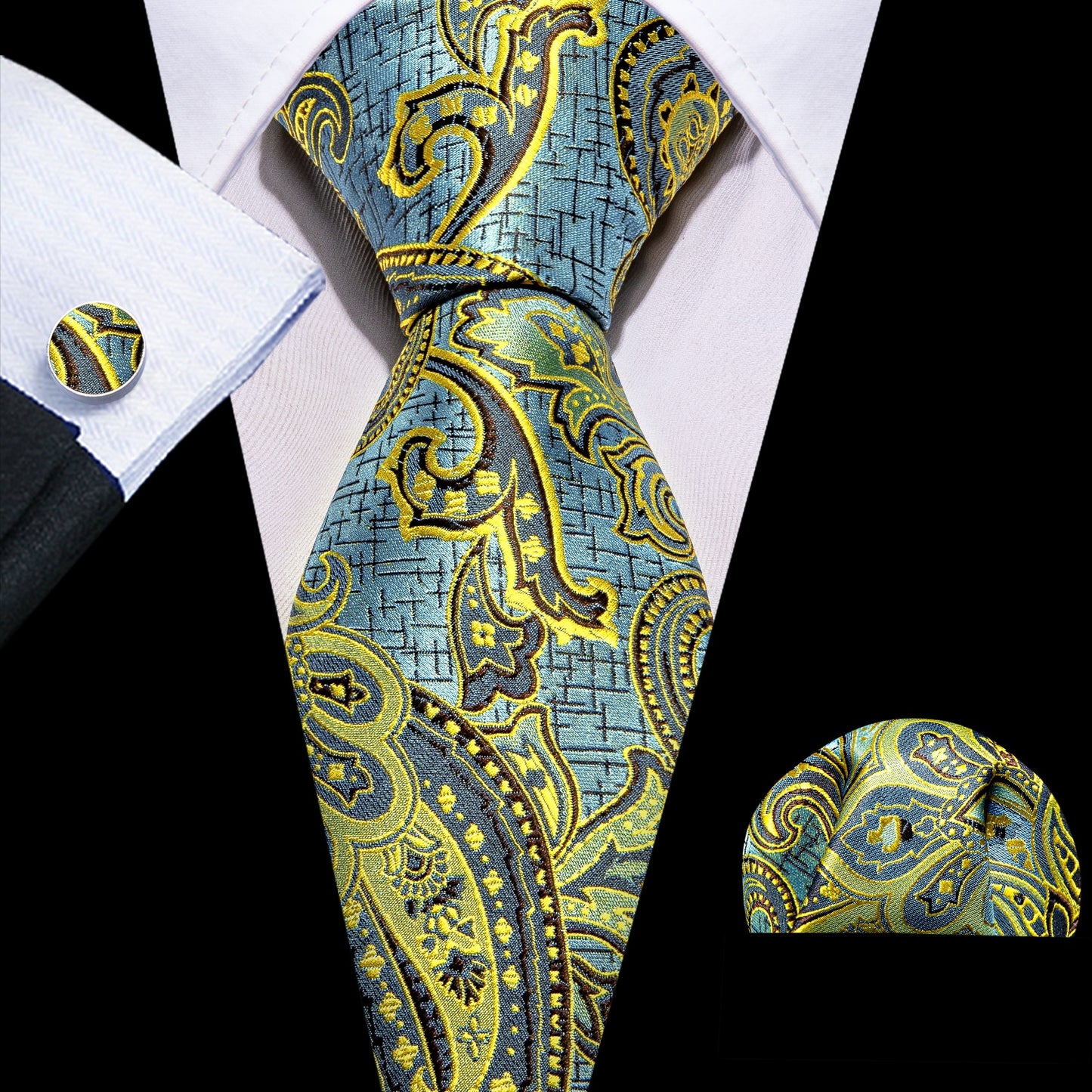 Men Silk Necktie Handkerchief with Gold Accents and Cufflinks Set