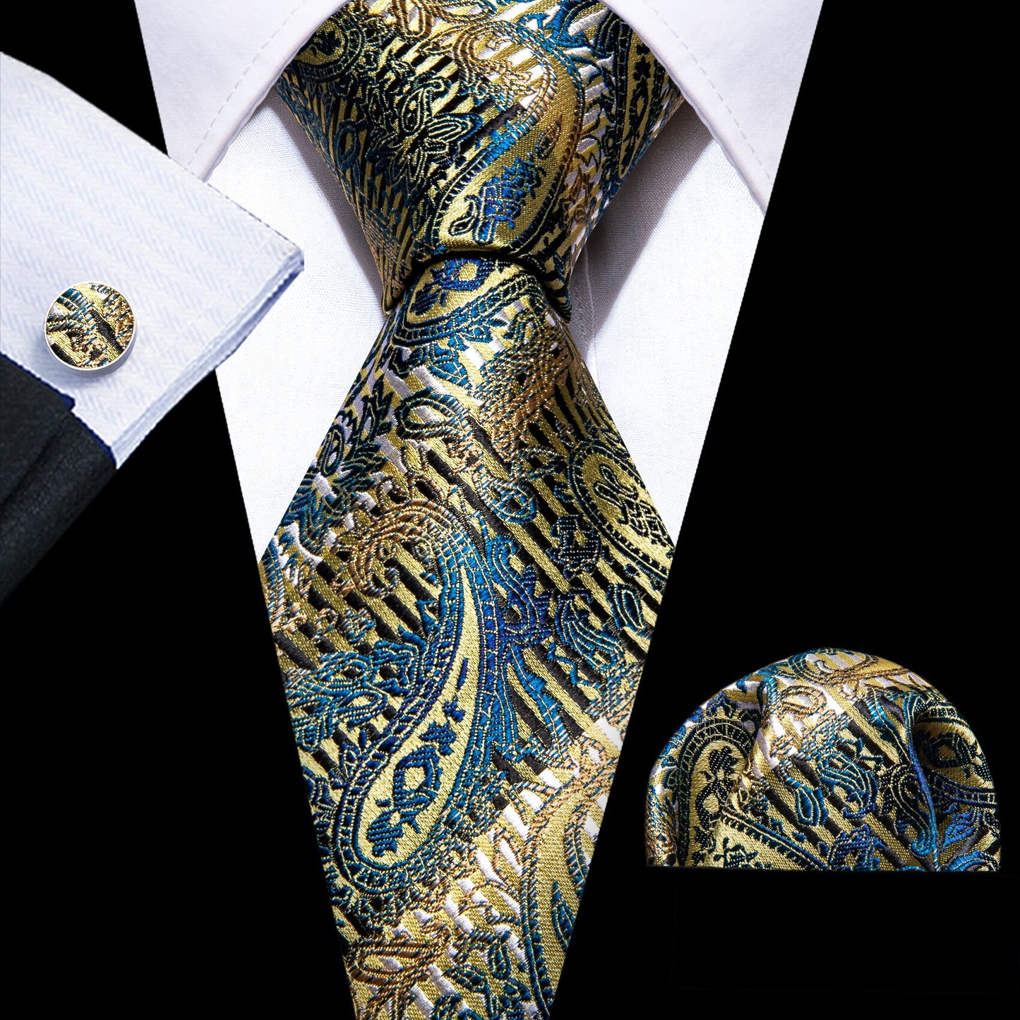 Men Silk Necktie Handkerchief with Gold Accents and Cufflinks Set