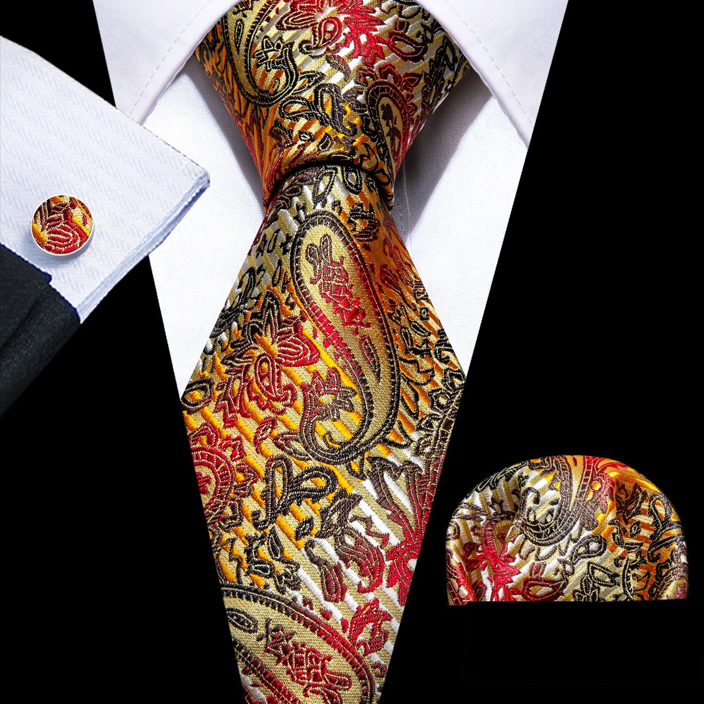 Men Silk Necktie Handkerchief with Gold Accents and Cufflinks Set