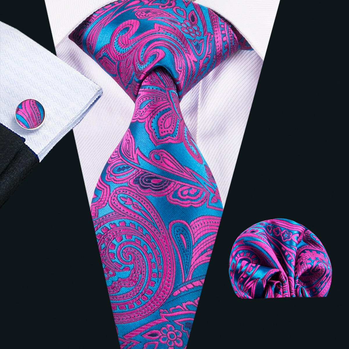 Men Silk Necktie Handkerchief with Gold Accents and Cufflinks Set