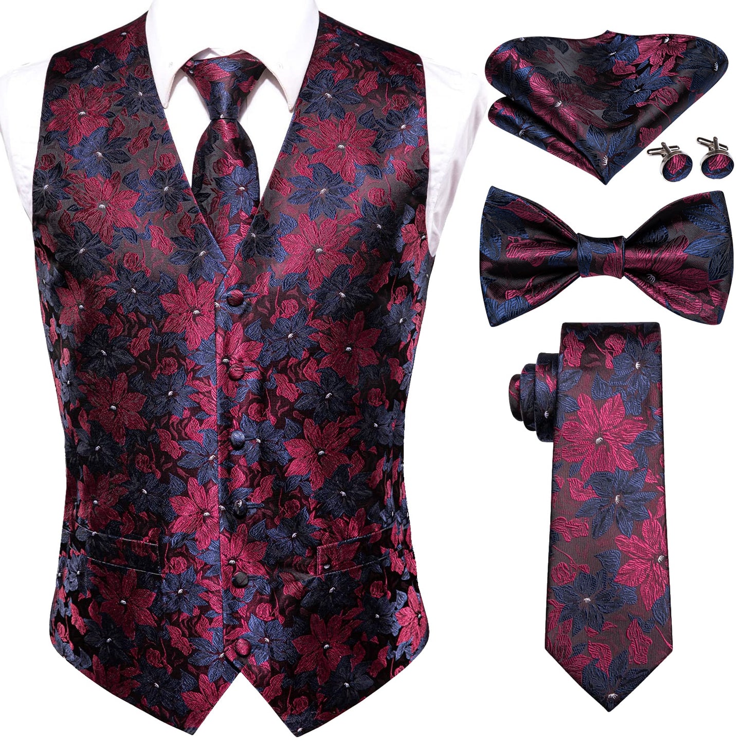 Men's Silk Vests-Tie Bowtie Hanky Cufflinks Set