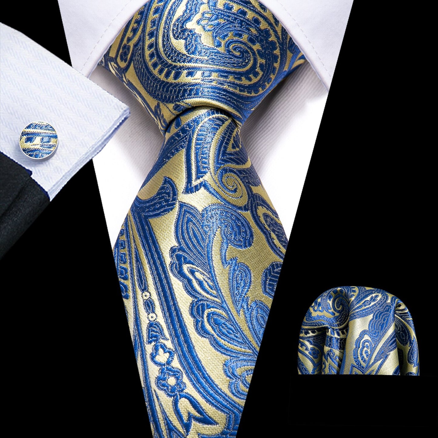 Men Silk Necktie Handkerchief with Gold Accents and Cufflinks Set