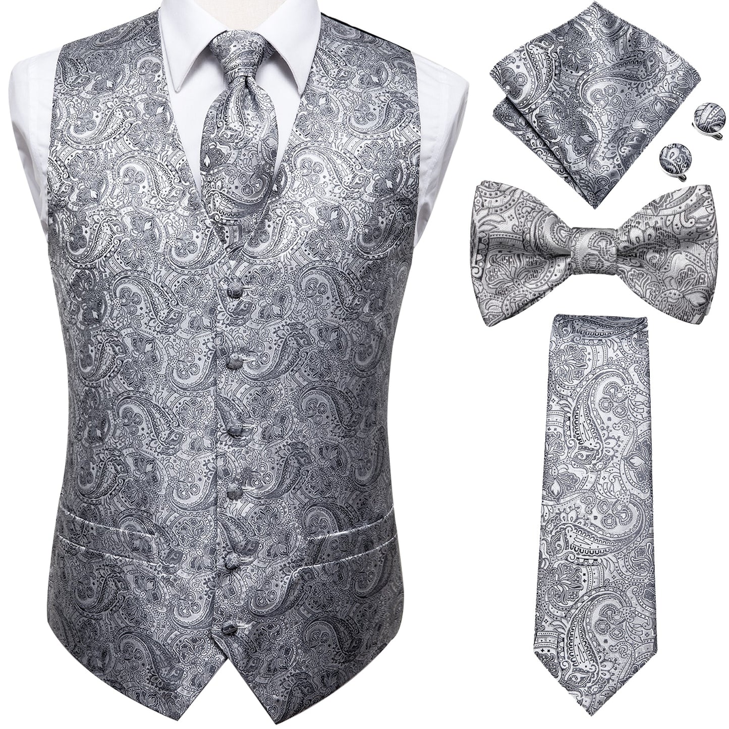 Men's Silk Vests-Tie Bowtie Hanky Cufflinks Set