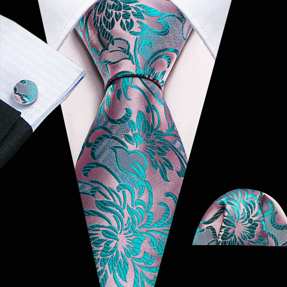 Men Silk Necktie Handkerchief with Gold Accents and Cufflinks Set