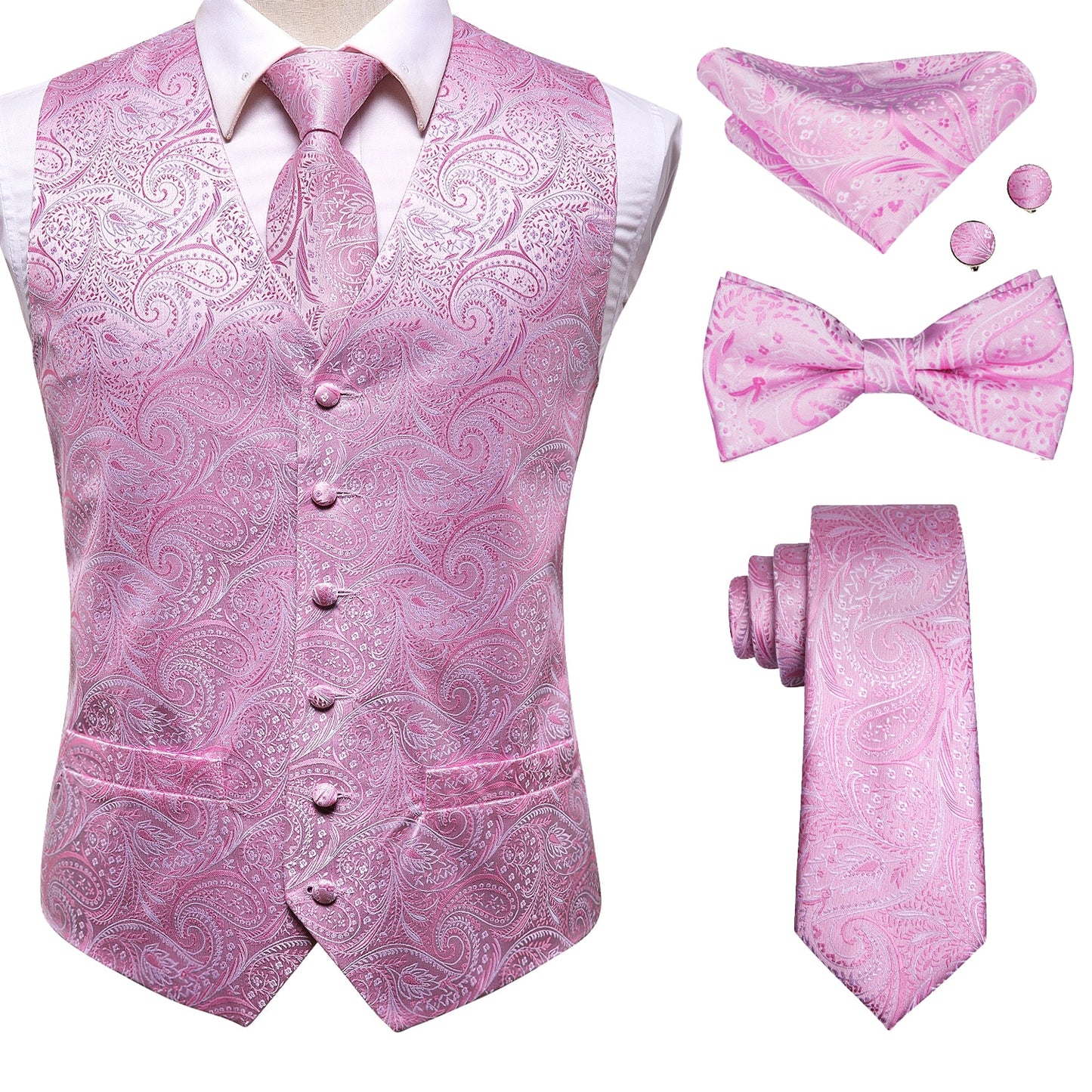 Men's Silk Vests-Tie Bowtie Hanky Cufflinks Set