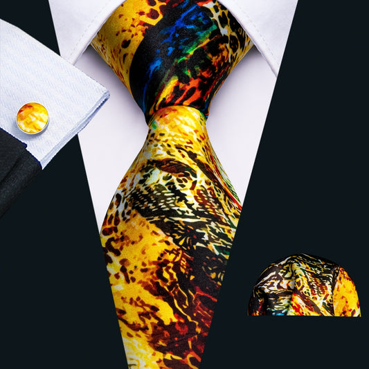 Men Silk Necktie Handkerchief with Gold Accents and Cufflinks Set